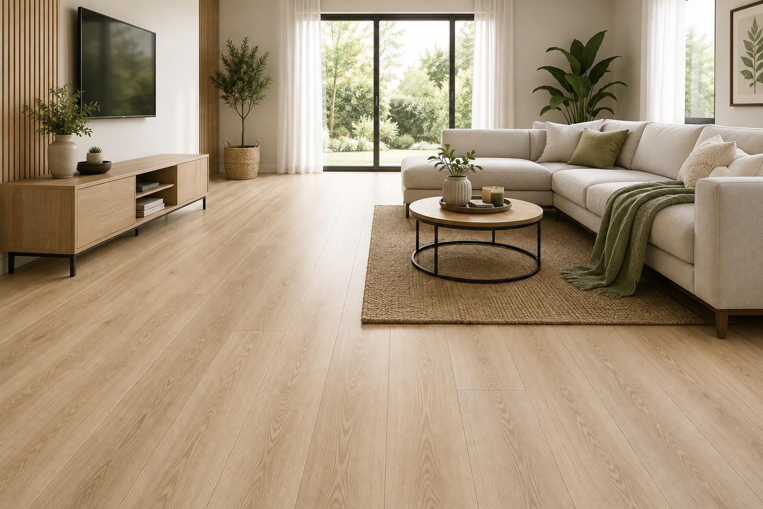 Modern living room with light laminate flooring creating a bright, spacious feel