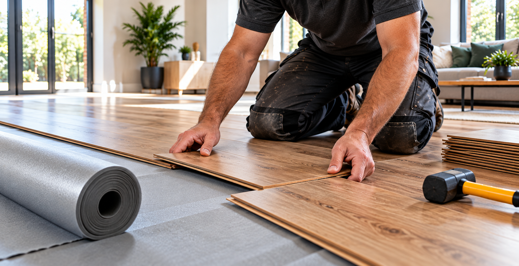 Laminate flooring installation in a modern home with underlay