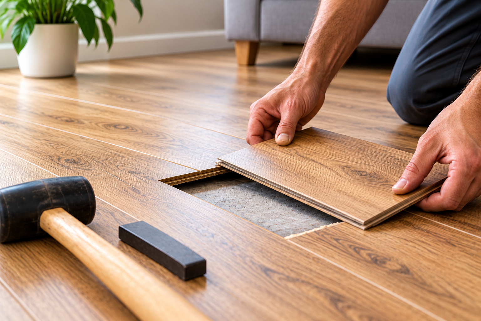 Replacing a damaged laminate flooring plank in a modern home