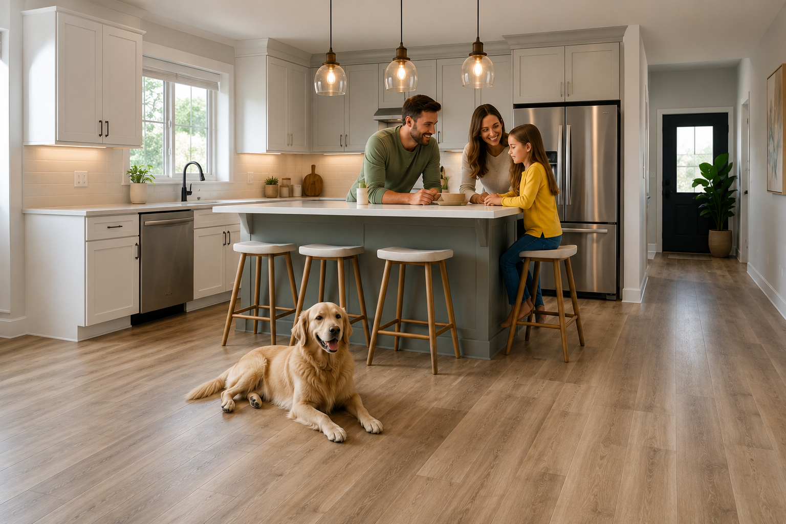 Family kitchen with dog and stylish wood-look vinyl flooring in a modern home
