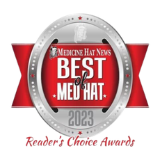 Medicine Hat News 2023 Best of Med Hat Reader's Choice Awards logo, featuring a silver oval badge on a red banner.