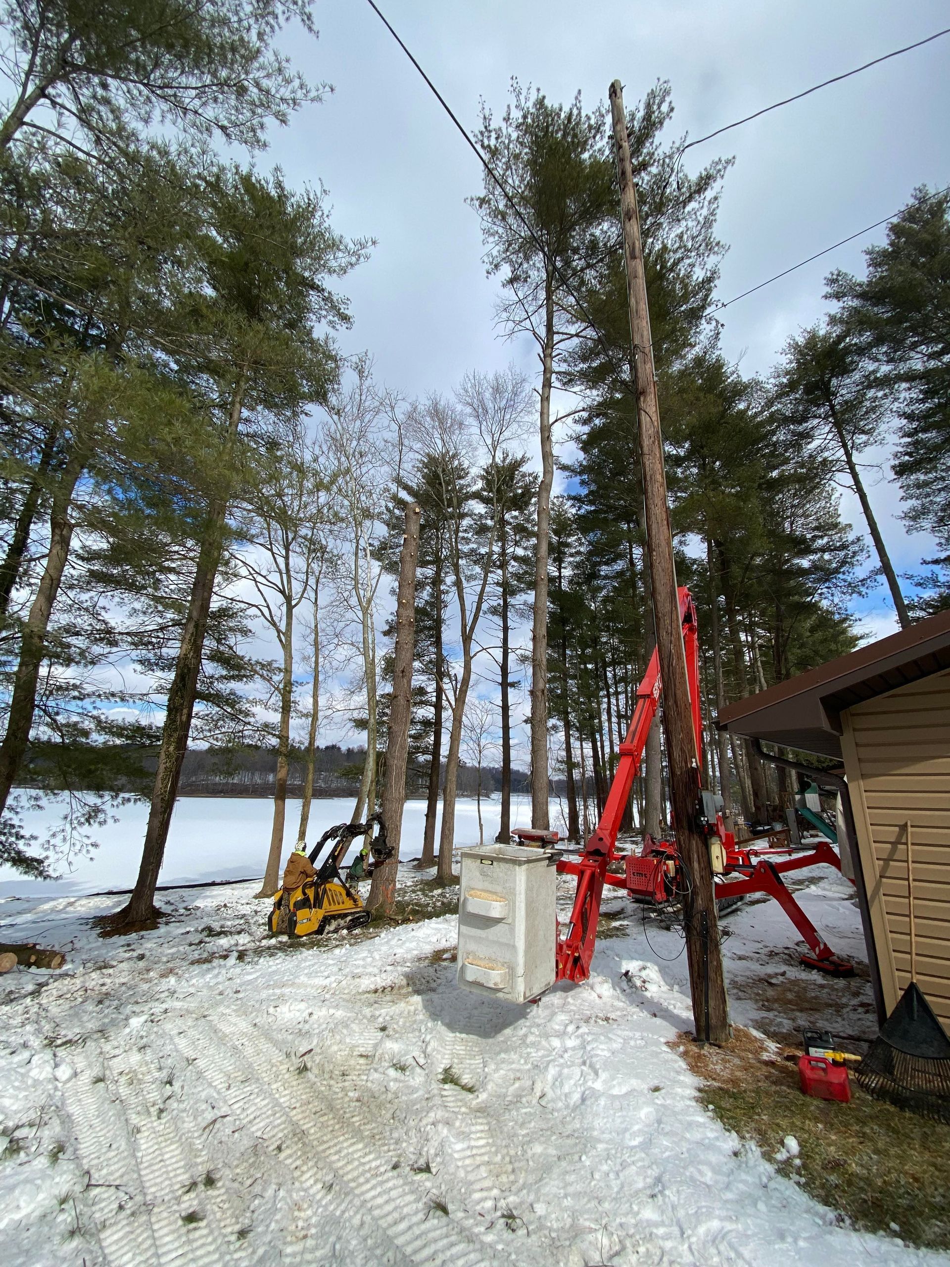 Utility workers with equipment are near a power pole, lake in background, snowy ground.