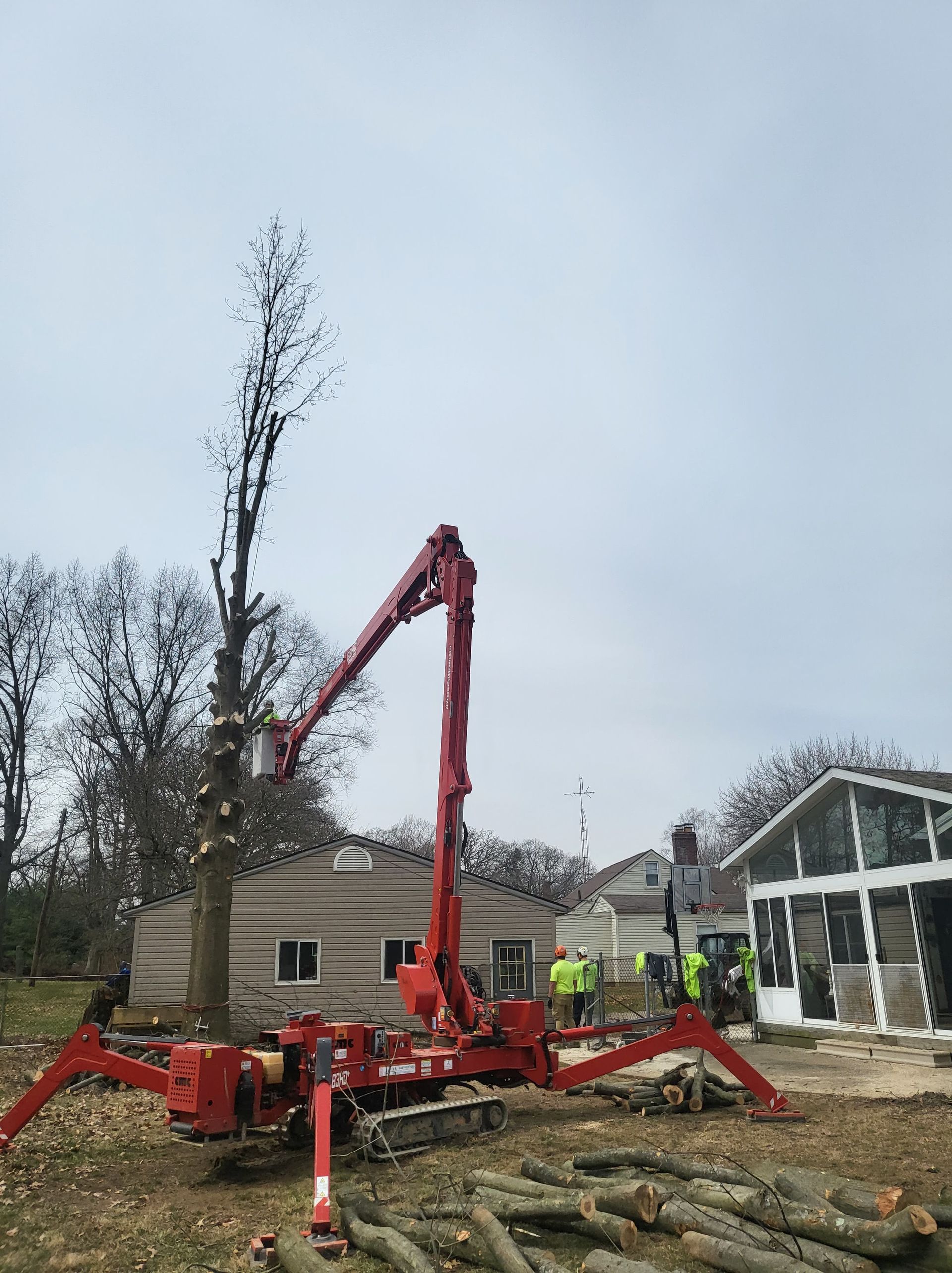 Red tree trimming lift next to a partially cut tree near a house, with workers in safety vests.