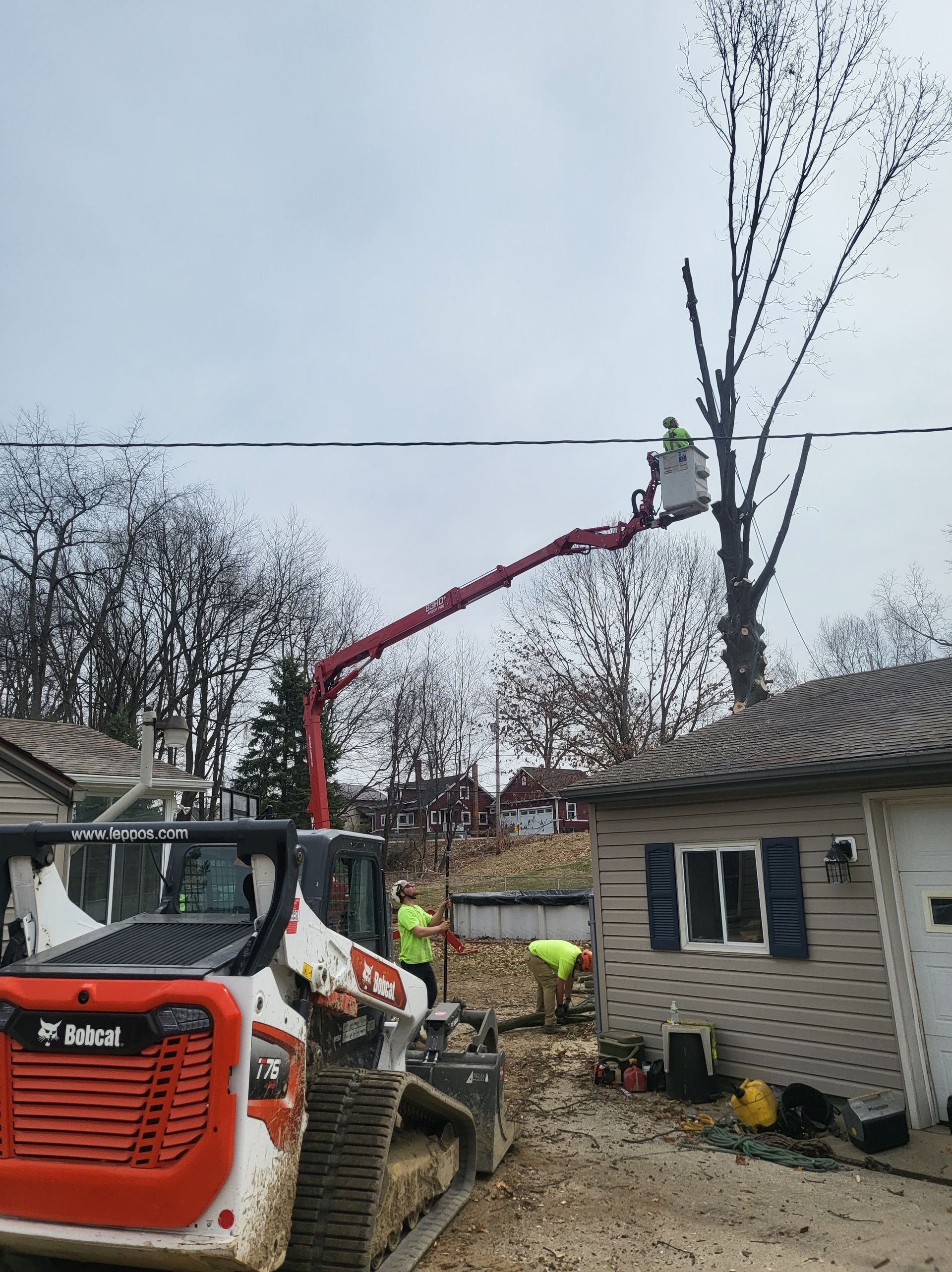 Workers trimming a tree near power lines using a bucket lift. A skid steer and a building are visible.