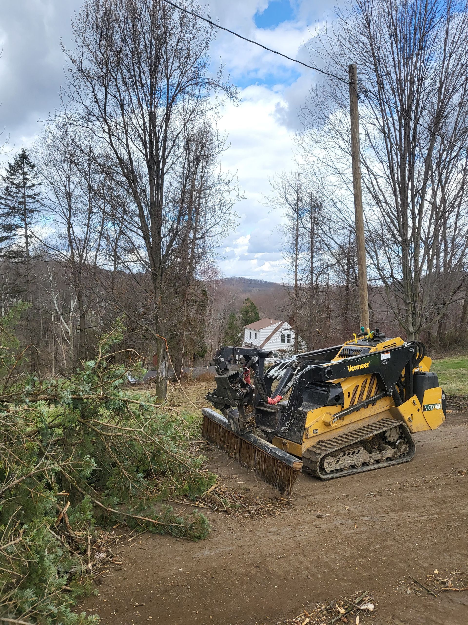 Yellow track loader with brush cutter clearing debris in wooded area; house in the background.