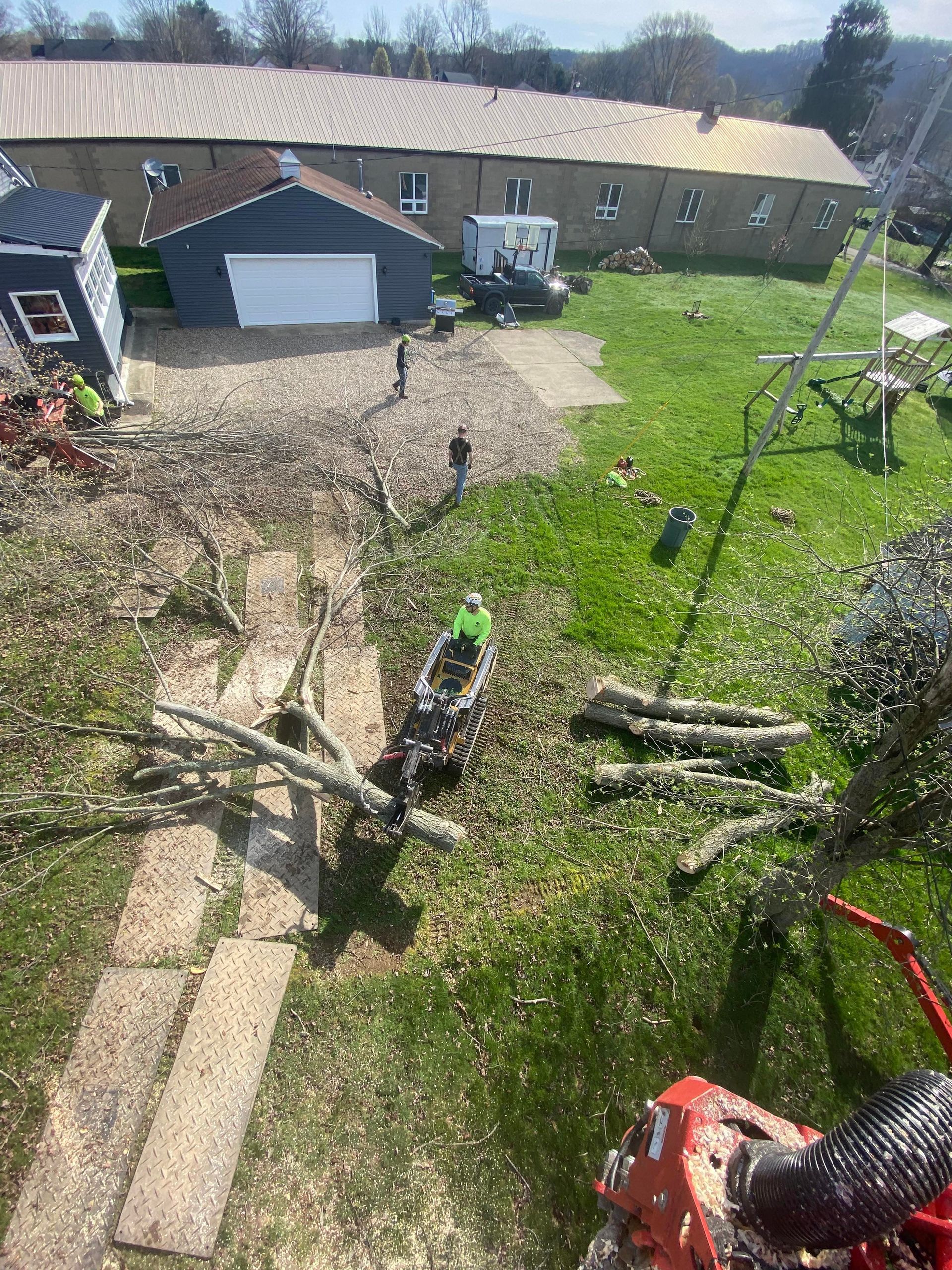 Tree service in progress: logs and debris on grass, workers, garage in background.
