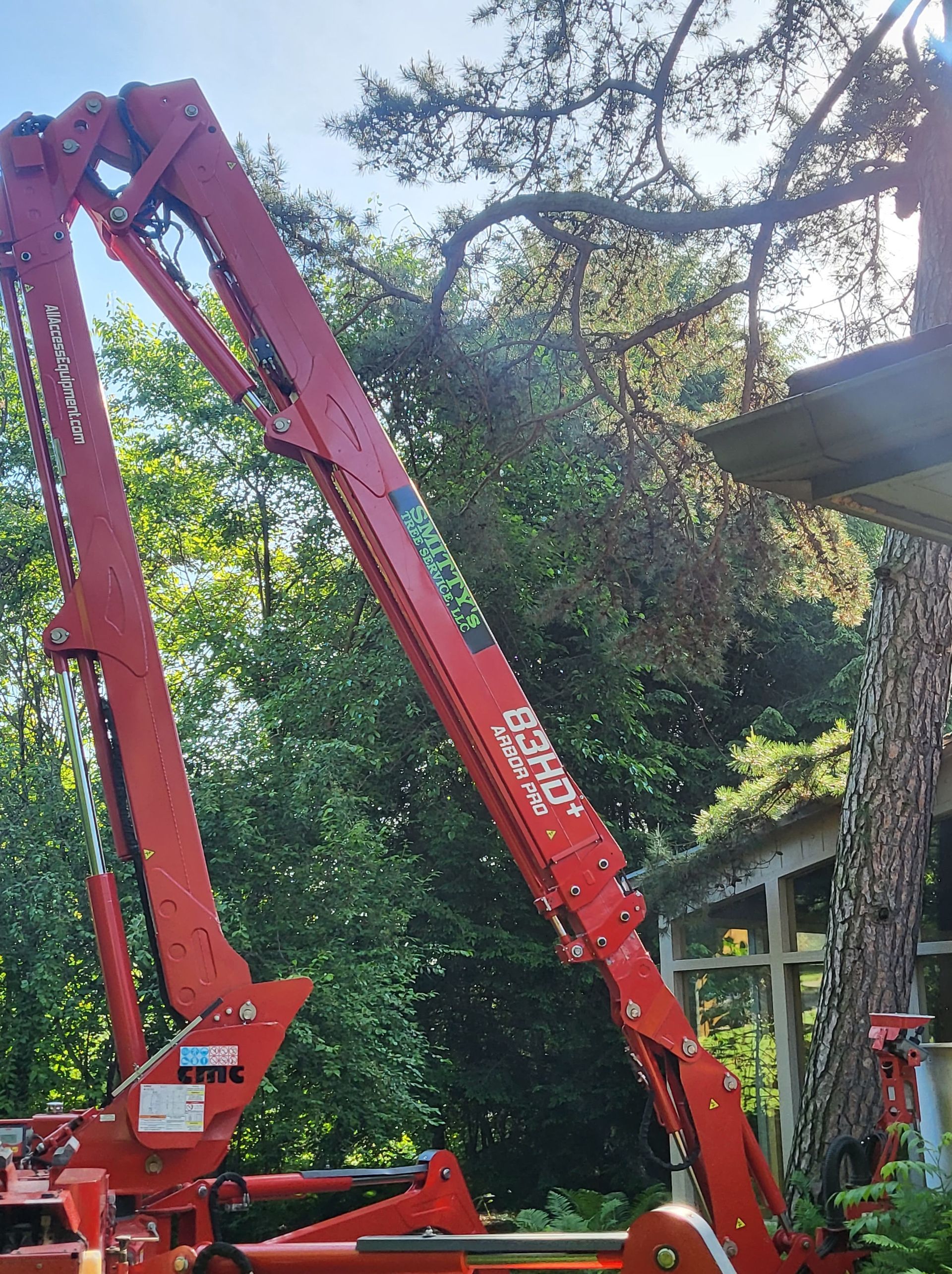 Red tree trimmer arm reaching toward a tree with a structure in the background. Sunny day.