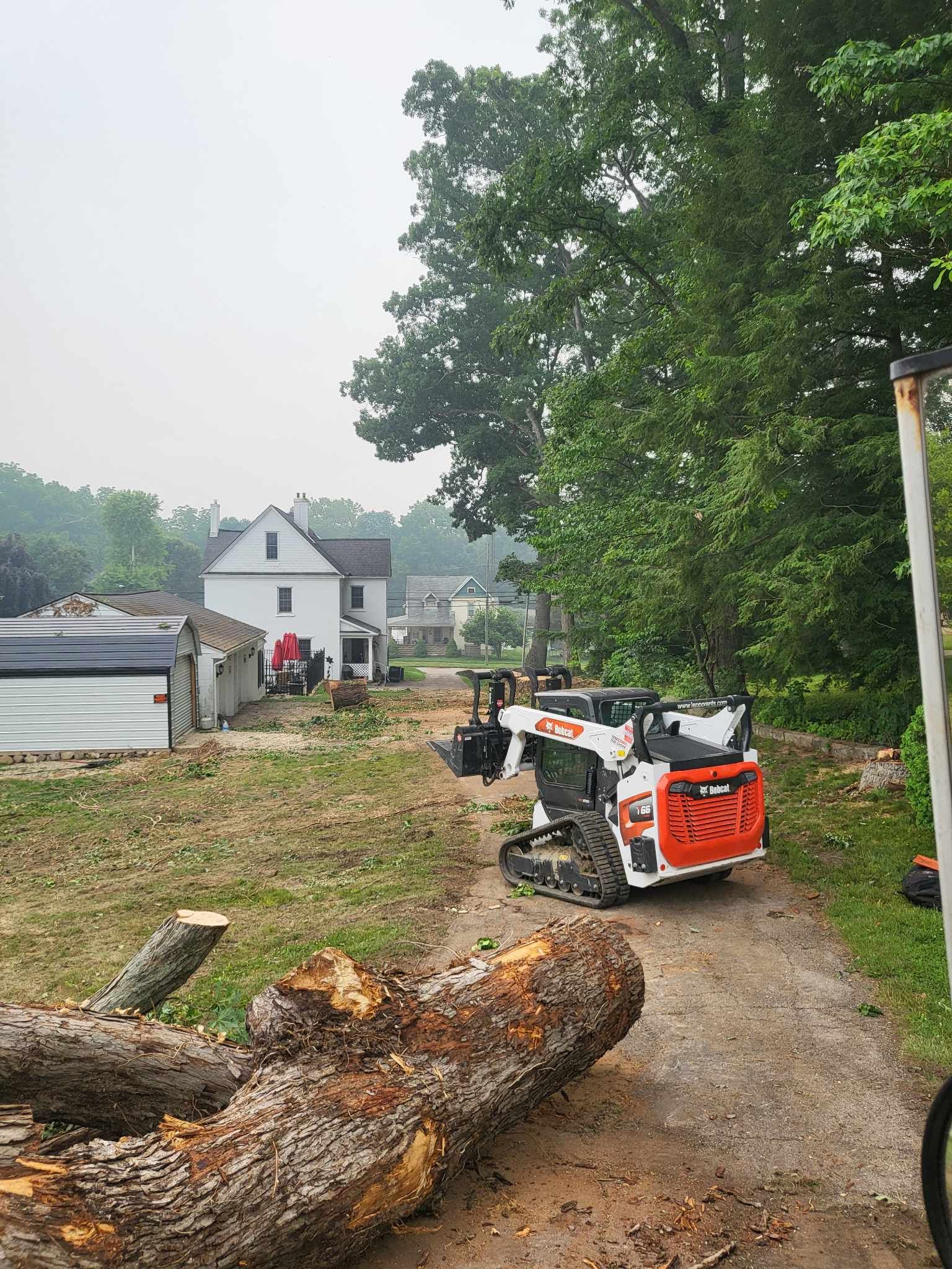 Bobcat skid-steer loader on dirt path, near large tree trunk and white house. Overcast sky.