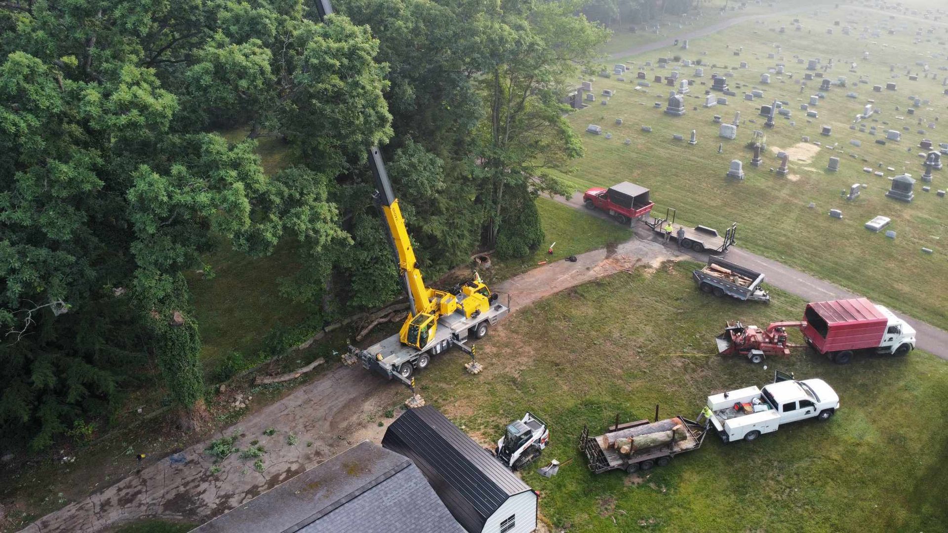 Yellow crane removing tree limbs near a cemetery, with trucks and equipment visible.