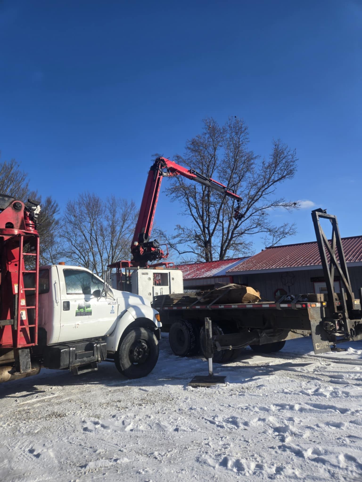 A red crane truck trimming a tree, parked on snow, with a flatbed trailer attached. Blue sky.