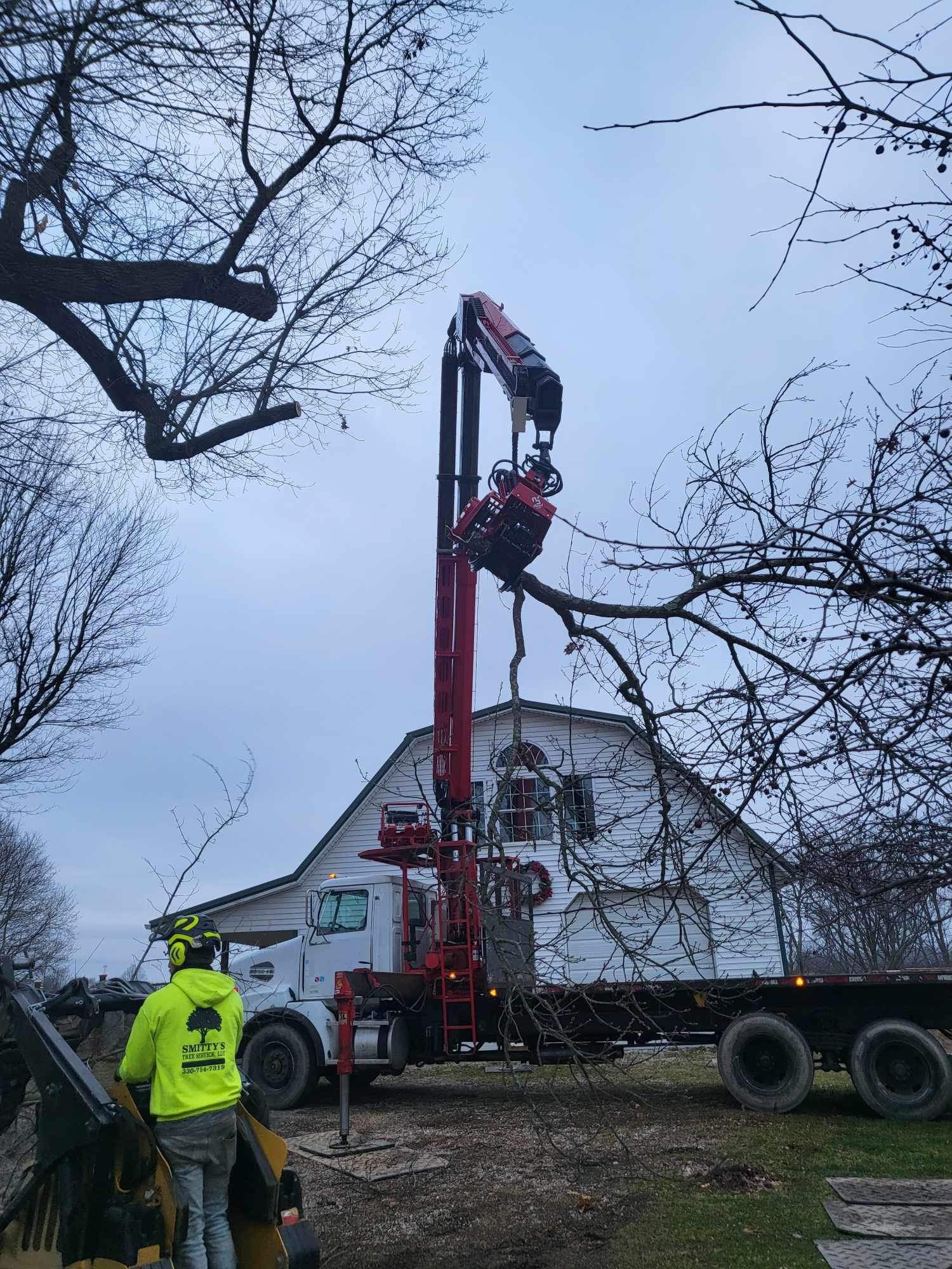 A tree service truck with a boom is trimming a tree near a white barn under a cloudy sky.