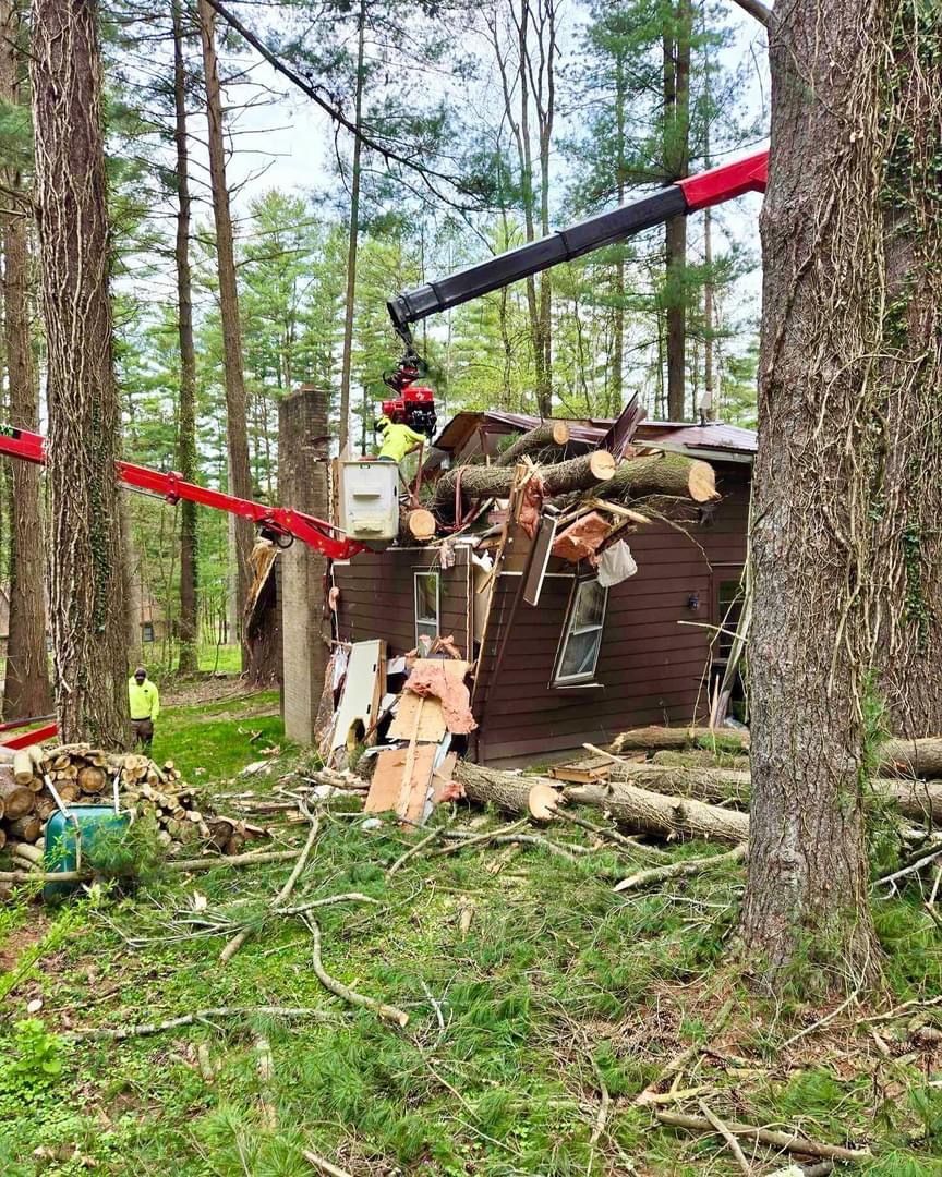 A crane removing debris from a damaged brown building in a wooded area.