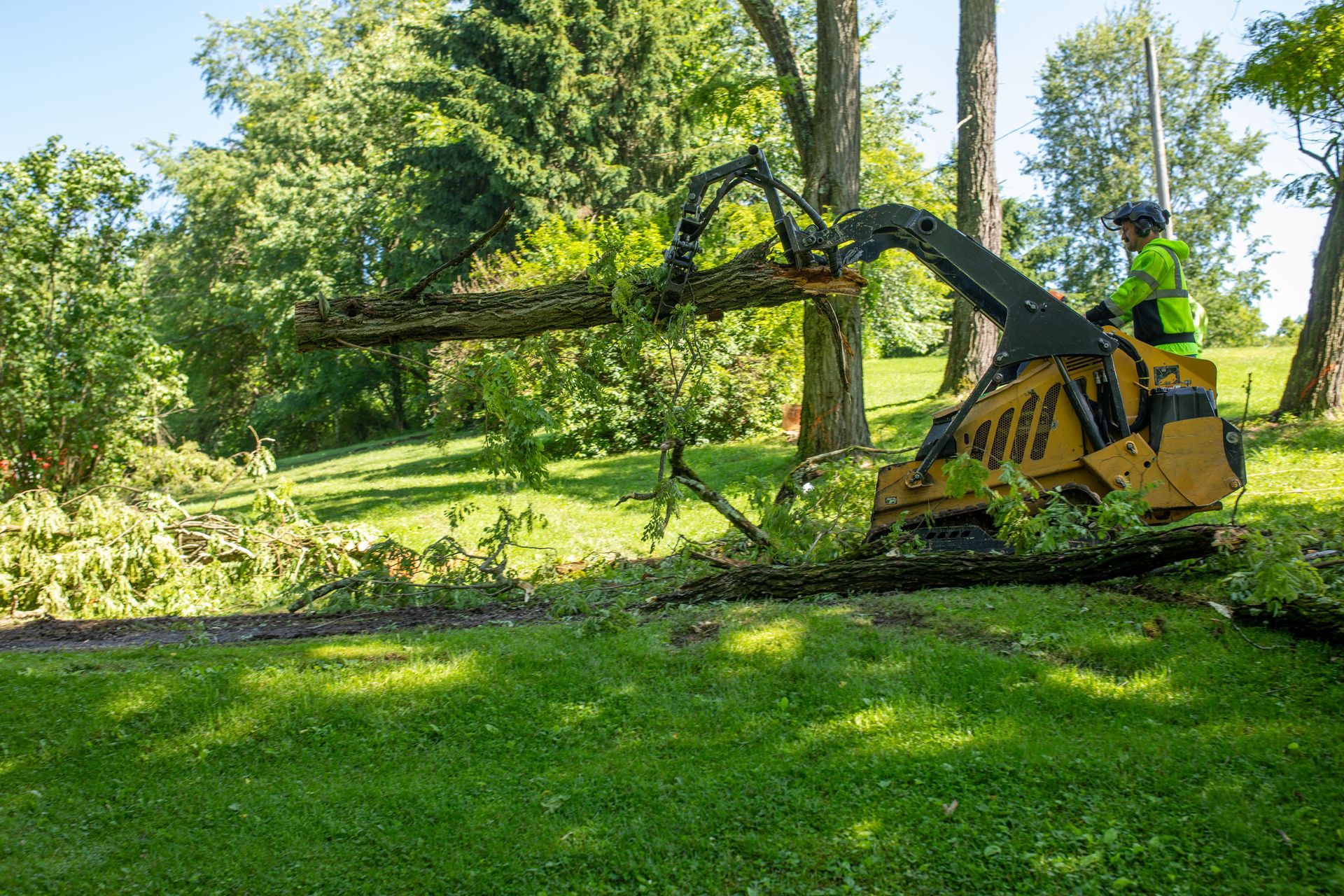 Person operating a yellow tree shear, cutting branches in a grassy area with trees in the background.