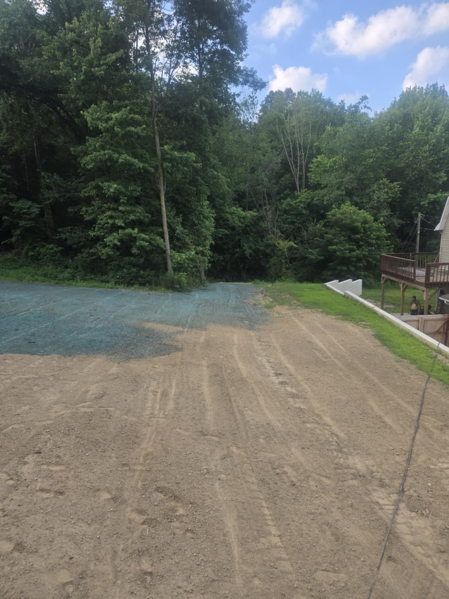 Dirt driveway with a forested background and a patch of blue-green material.