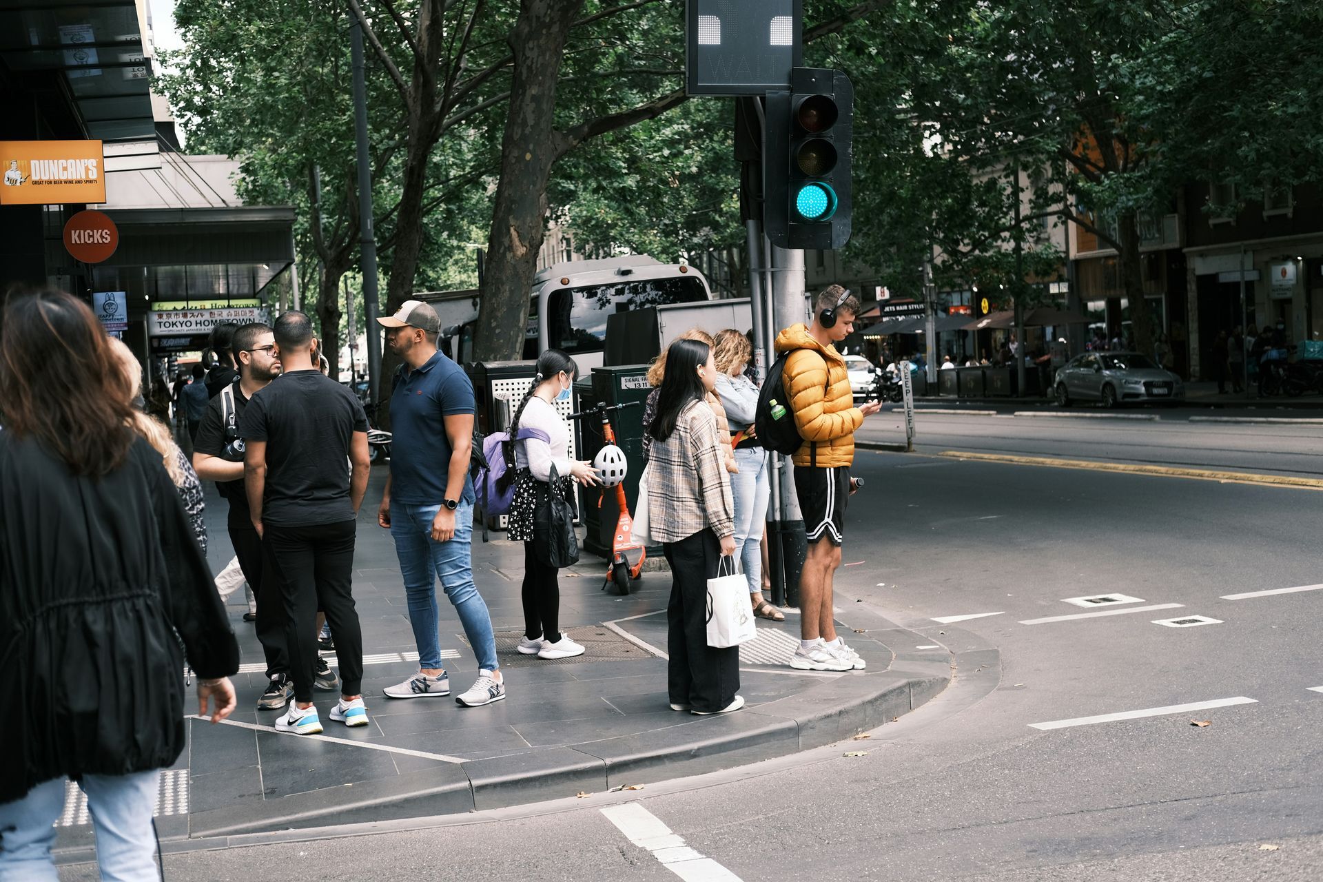 Pedestrians waiting at a city crosswalk beside a tree-lined street and traffic light