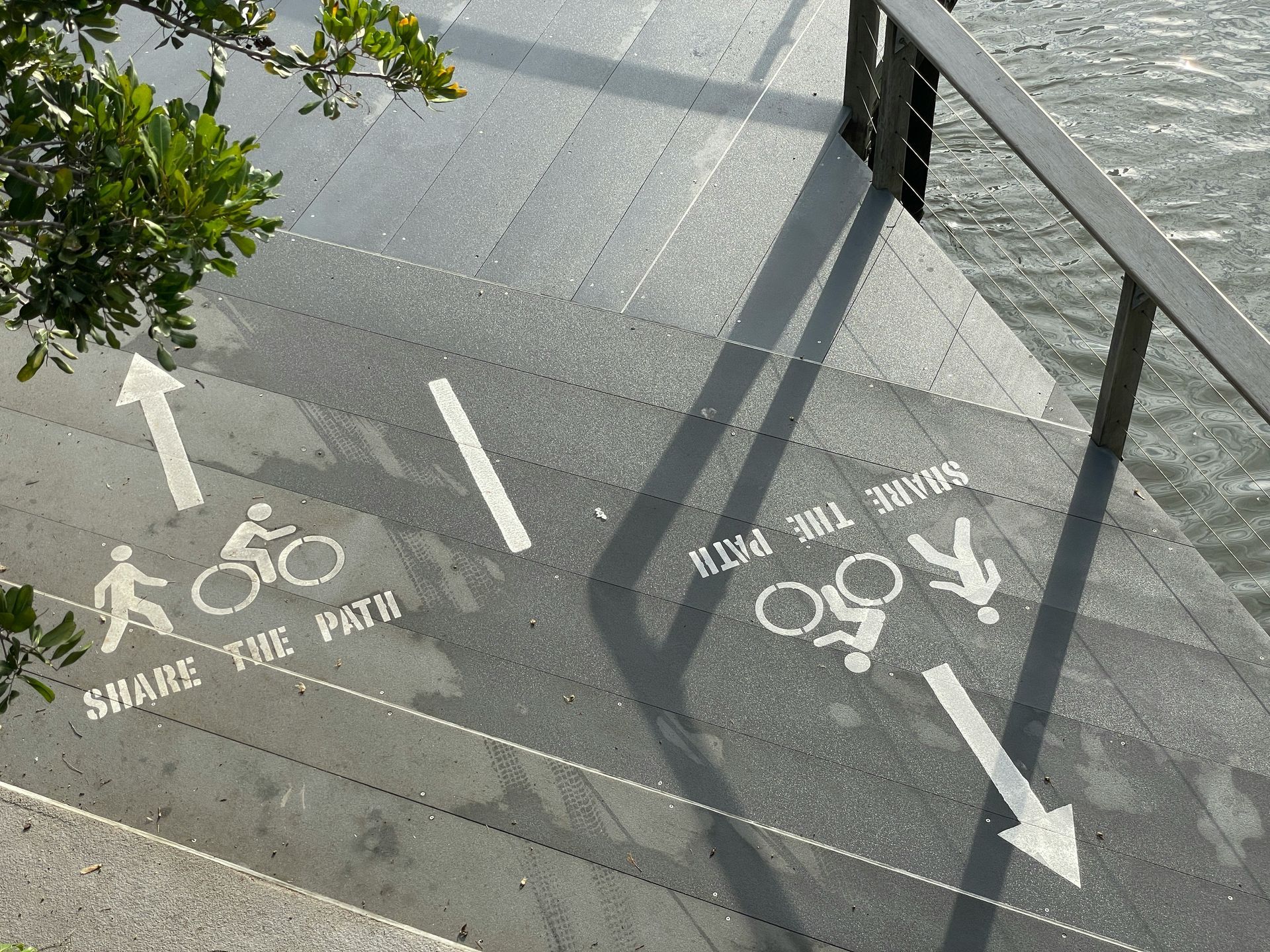 Shared path markings on a pavement, showing pedestrian and bicycle icons with arrows.