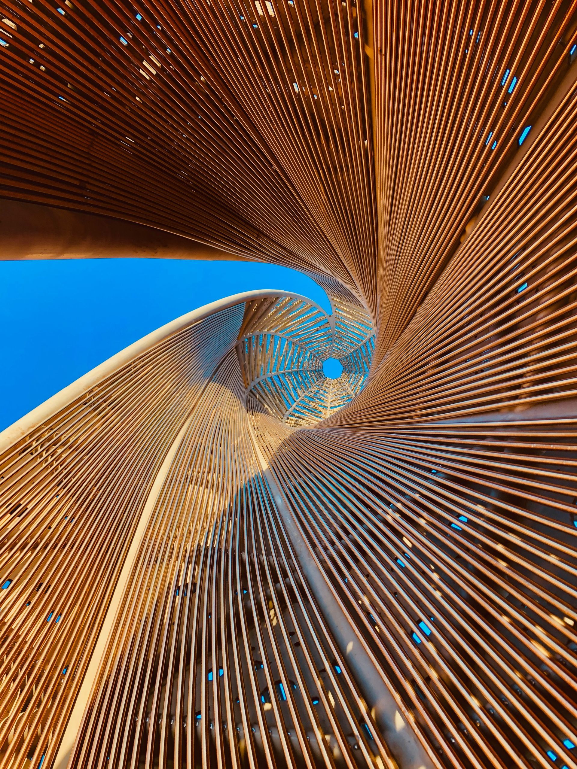 Curved bronze slatted sculpture against a bright blue sky, viewed from below