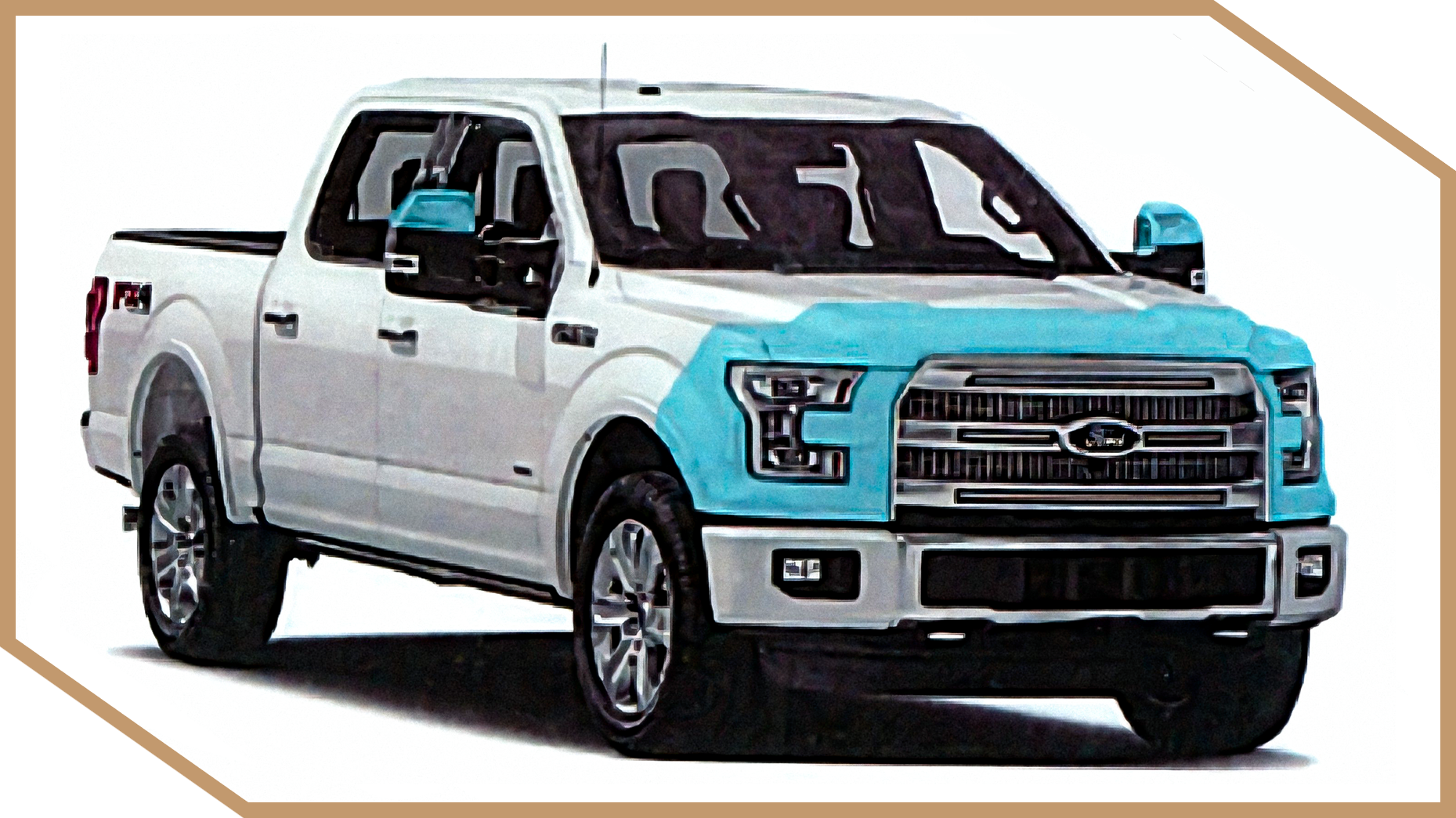White Ford pickup truck with blue highlighted areas on a white background.