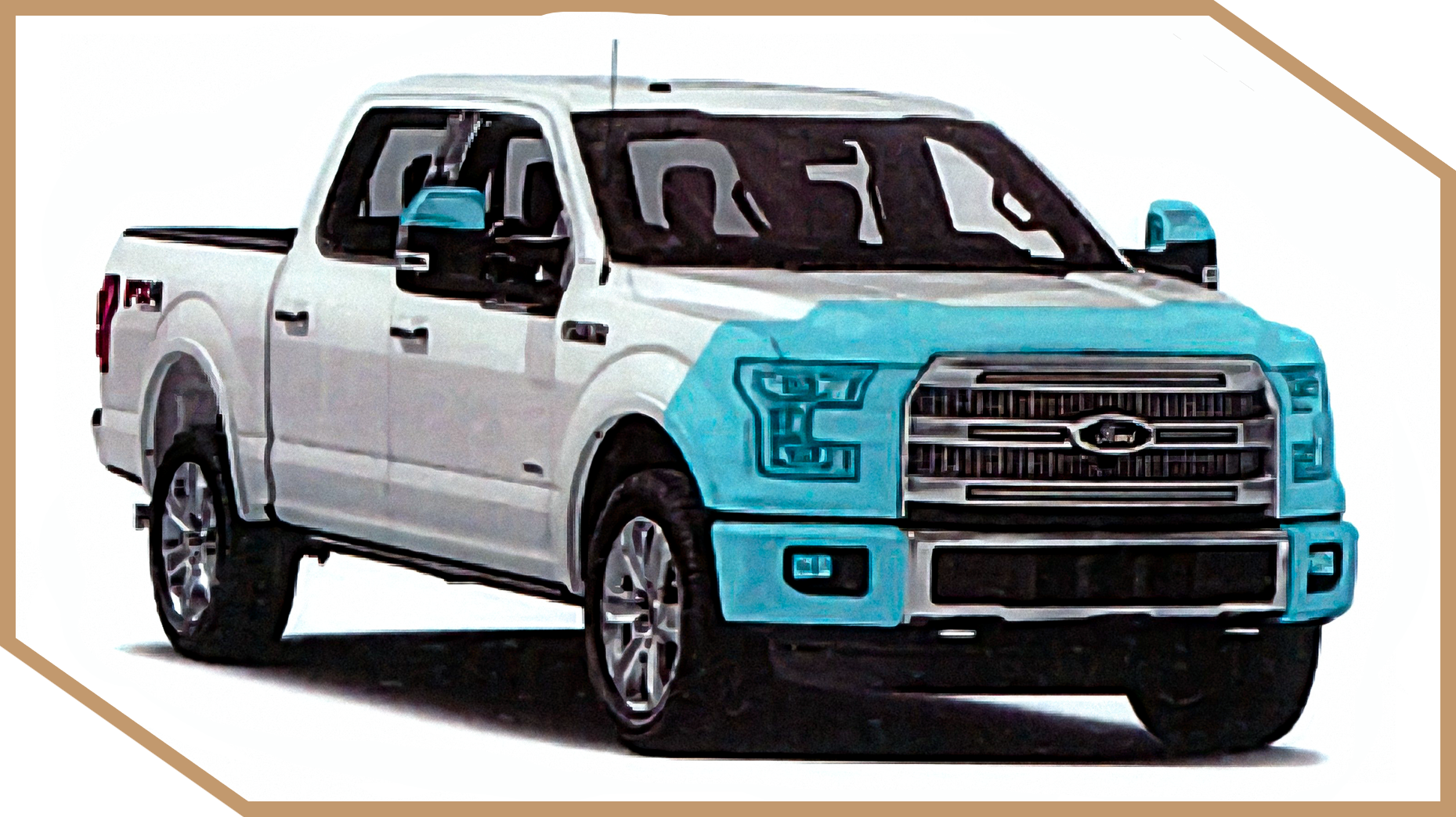 White Ford pickup truck with blue highlighted areas on a white background.