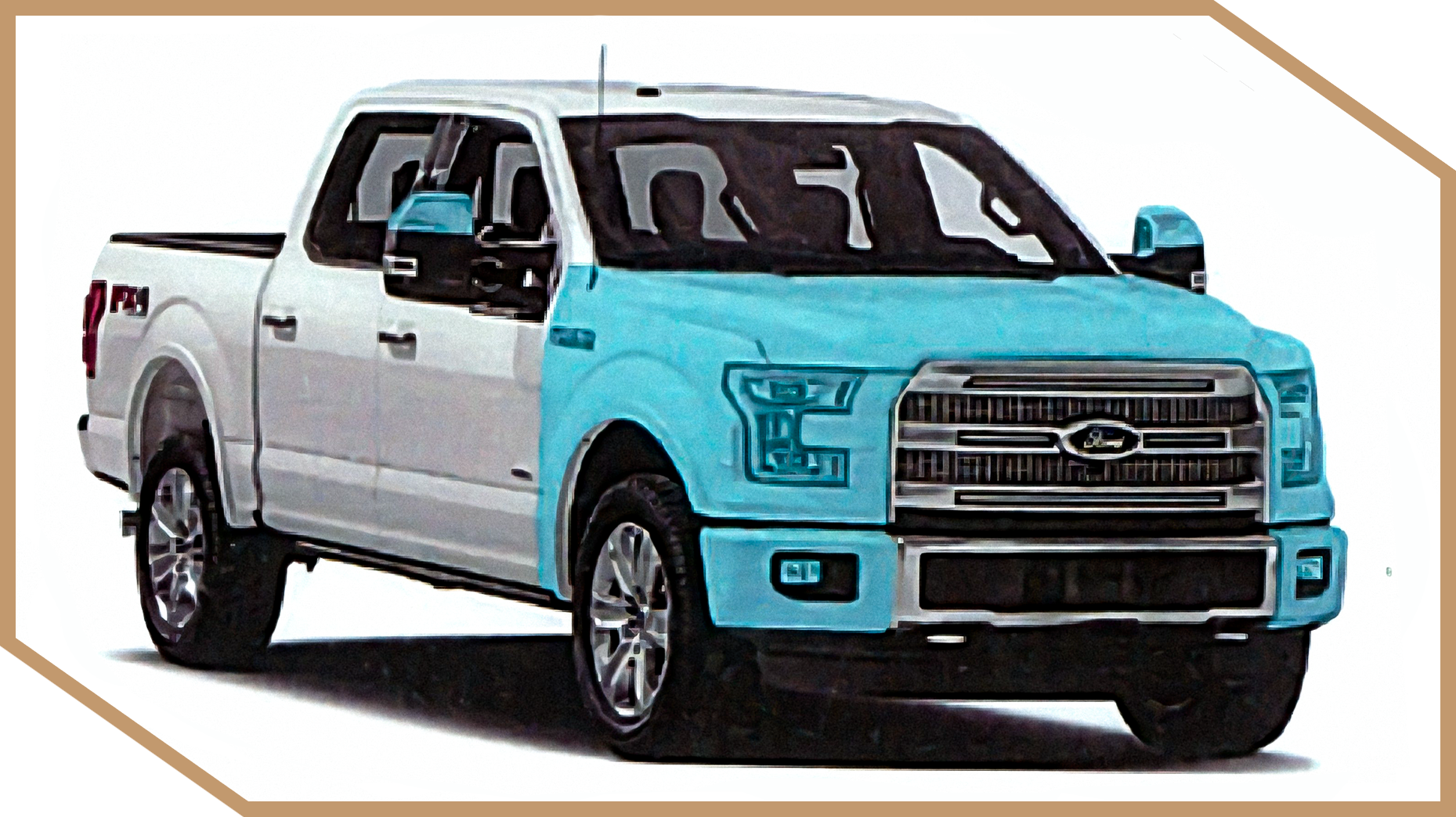 White Ford pickup truck with blue highlighted areas on a white background.