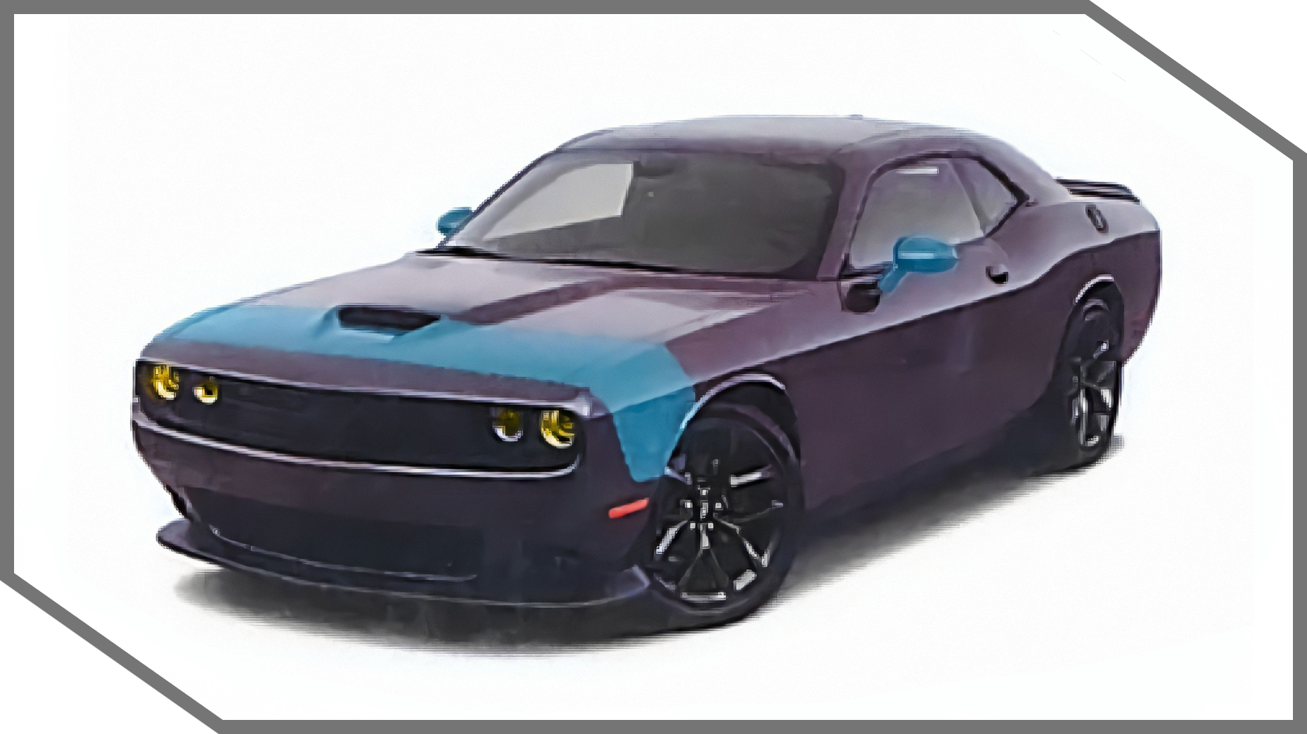 Dark purple Dodge Challenger with a blue hood and black wheels.