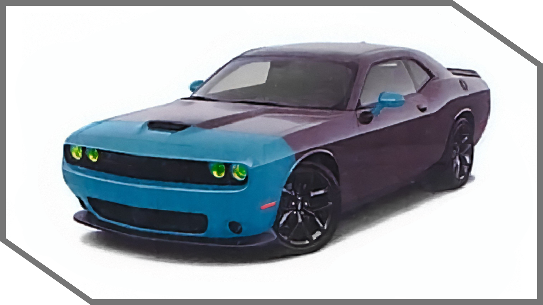 Dark purple Dodge Challenger with a blue hood and black wheels.