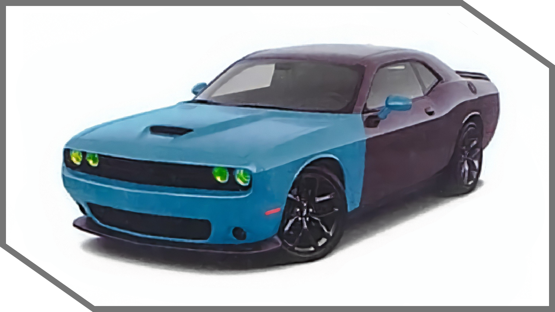 Dark purple Dodge Challenger with a blue hood and black wheels.