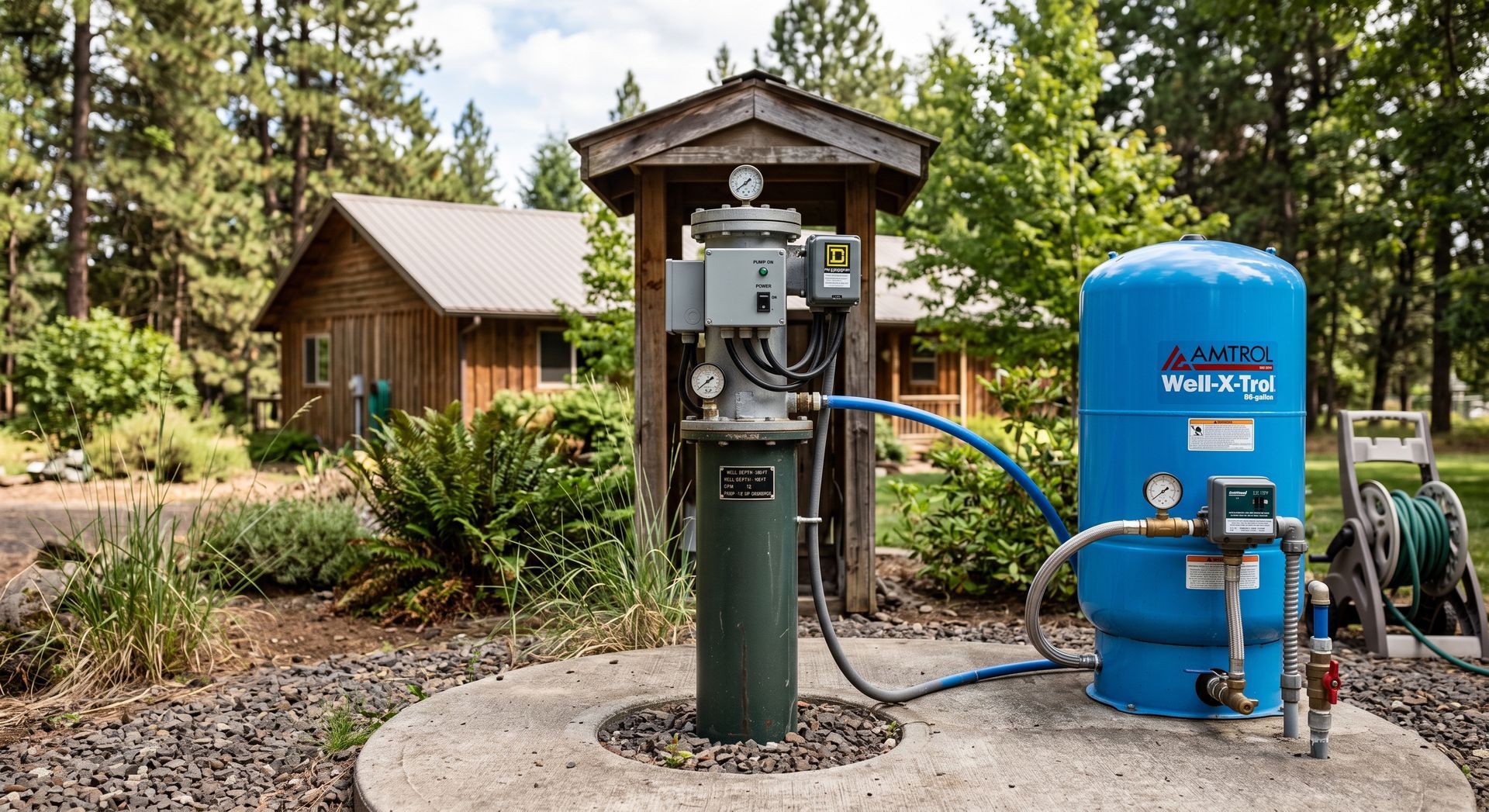 Blue water treatment tank and pump station beside a small wooden shed in a garden area
