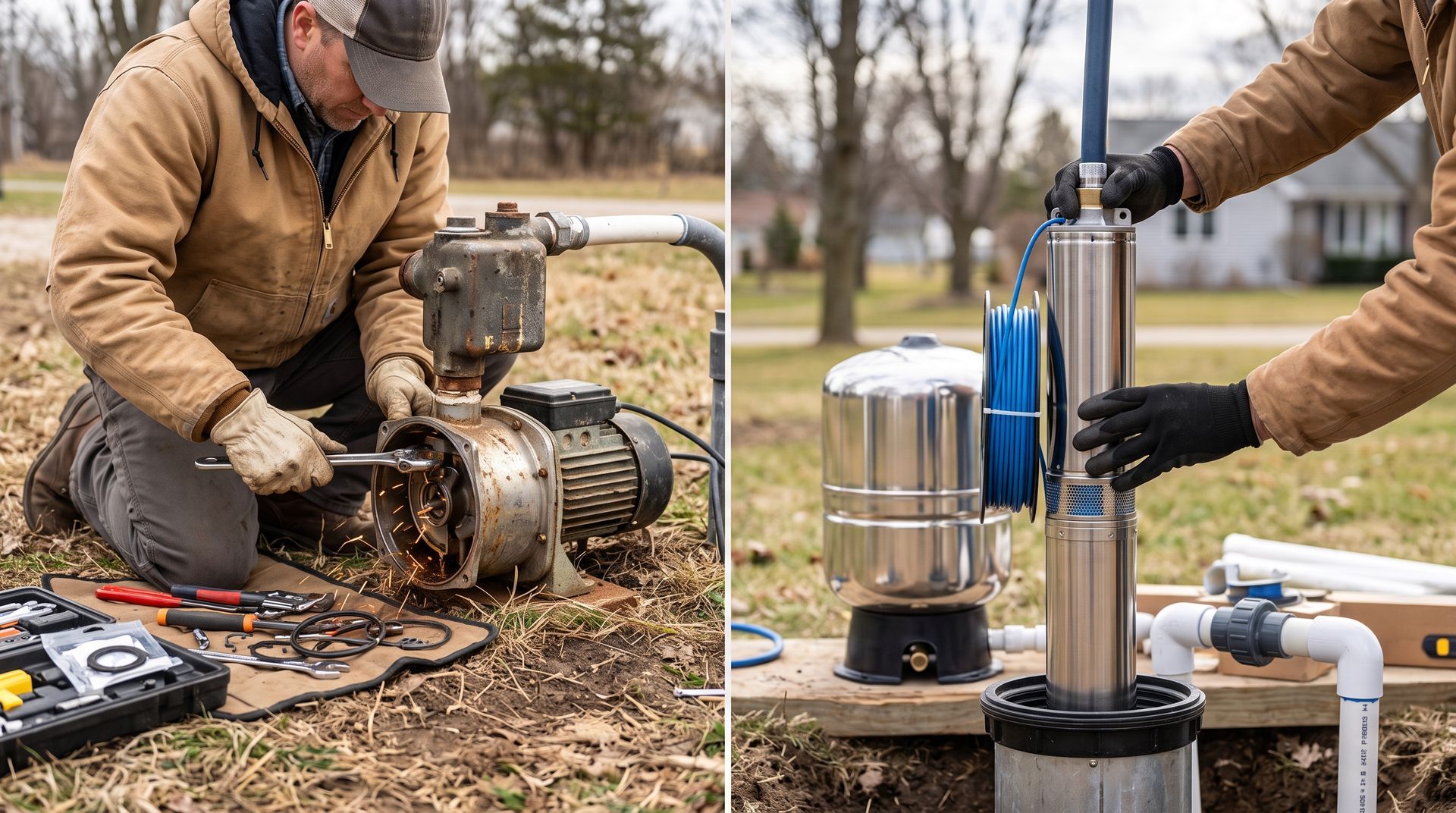 Two workers install a metal well pump in a yard, with pipes, tools, and a house in the background.