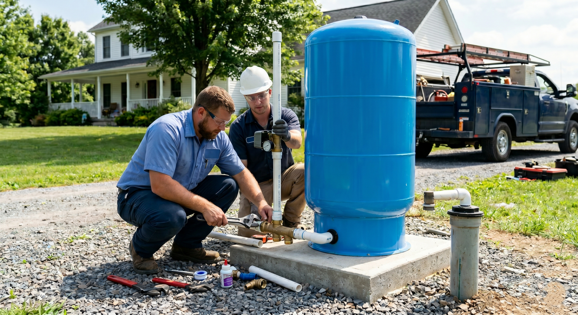Two workers install plumbing beside a large blue tank on a gravel driveway.