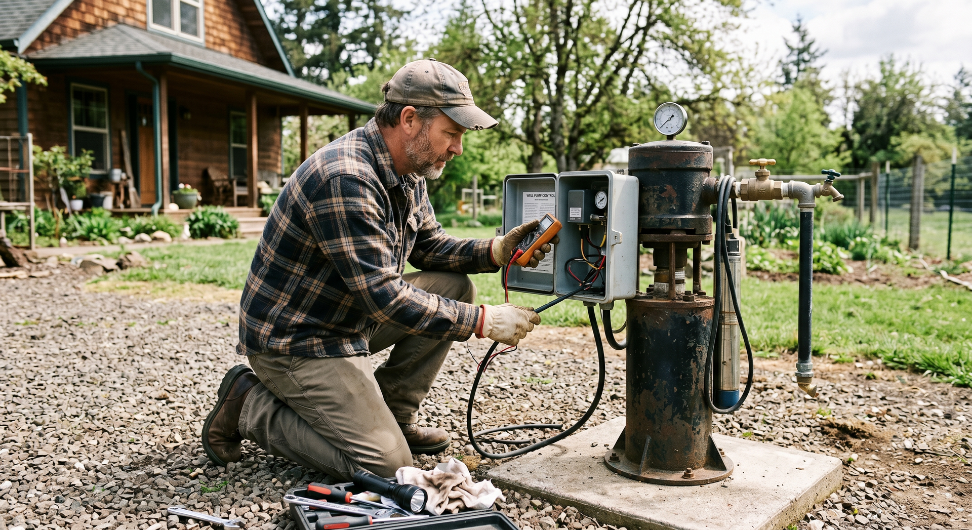 Technician kneeling by a well pump, checking controls with a tool in a gravel yard beside a house.