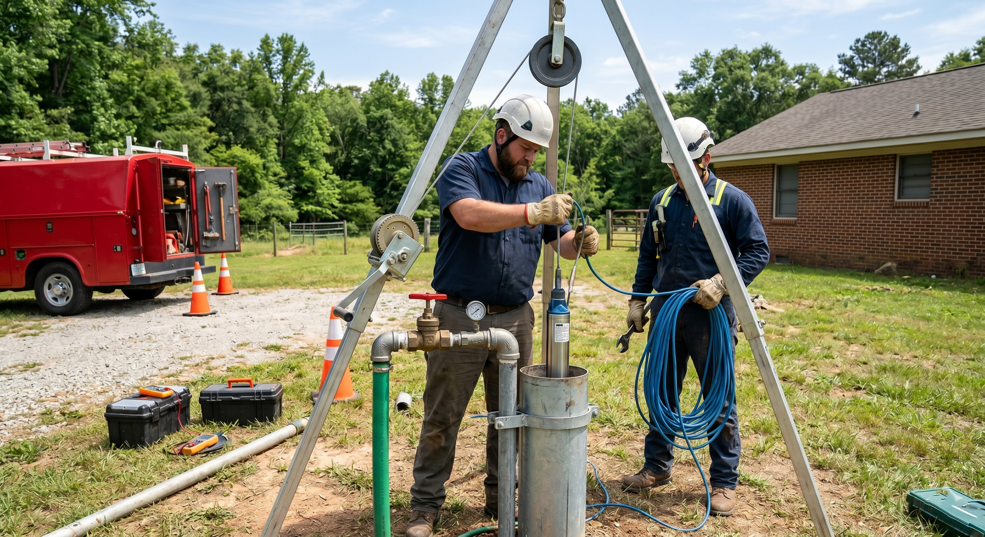 Workers service a well with a tripod hoist beside a red utility truck and house in a yard.