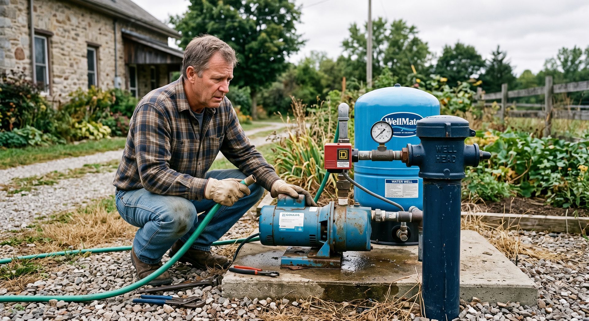 Man kneels beside a blue water pump system in a garden, adjusting hoses and controls.