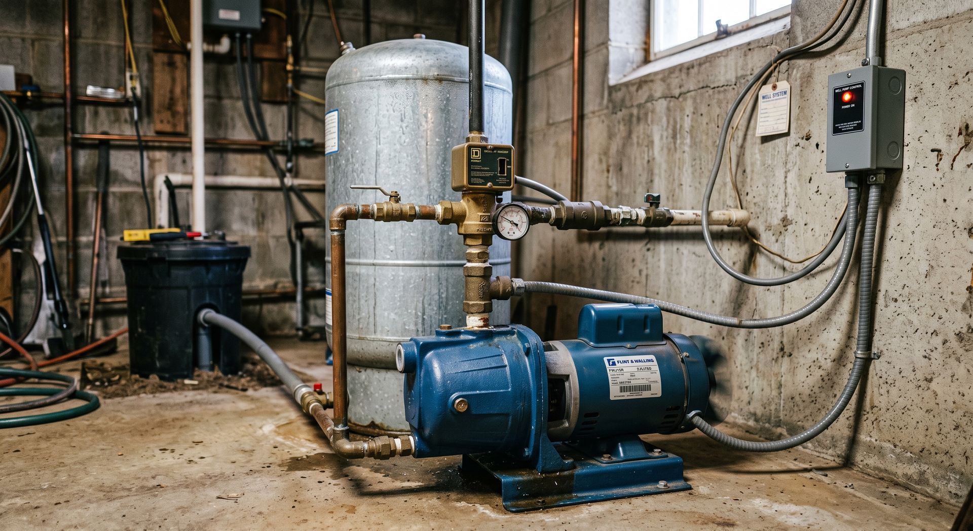 Industrial pump room with blue motor pumps, pipes, and a large metal tank in a concrete basement.