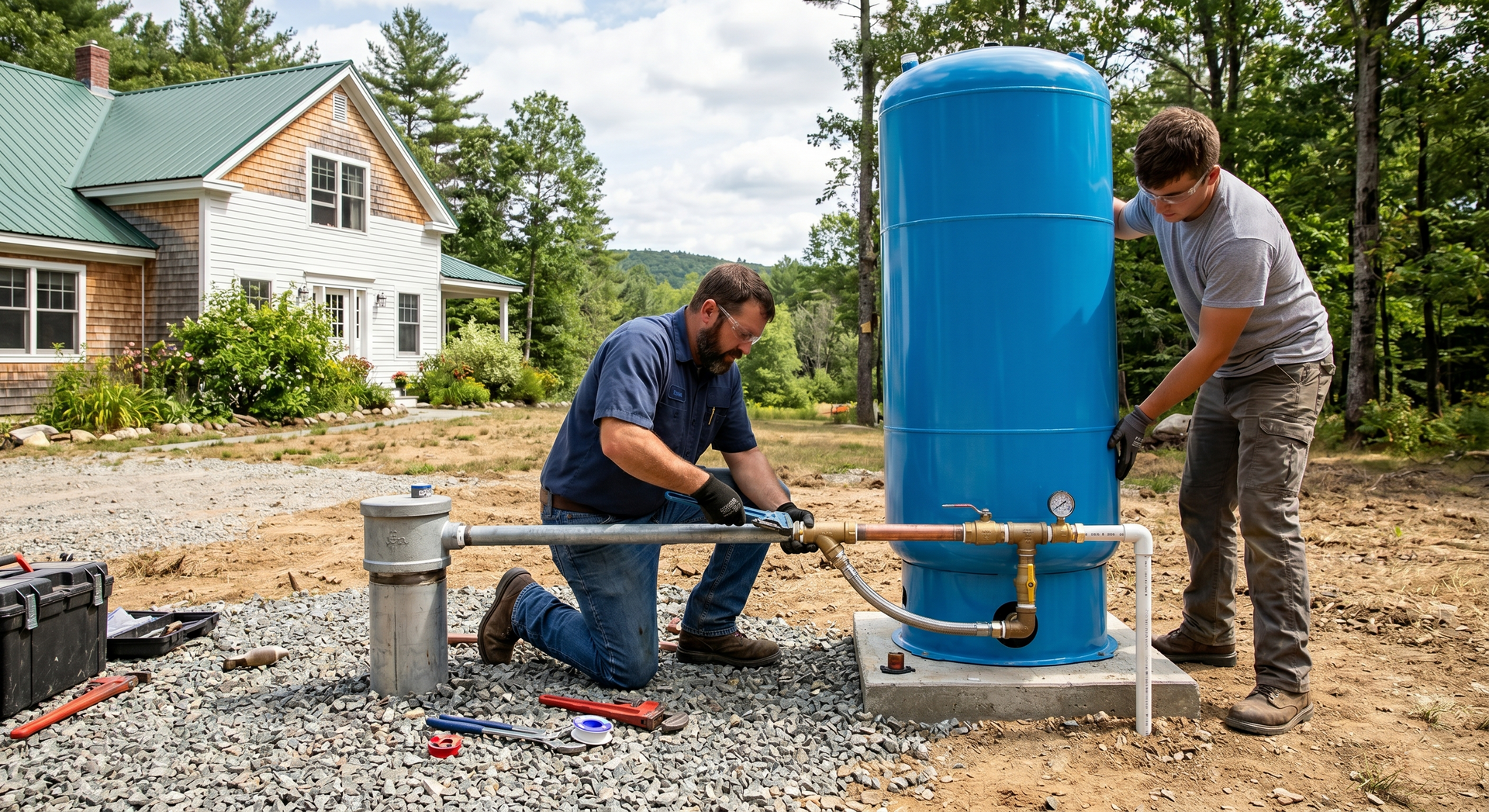 Two workers install a tall blue tank beside a house on a gravel yard.