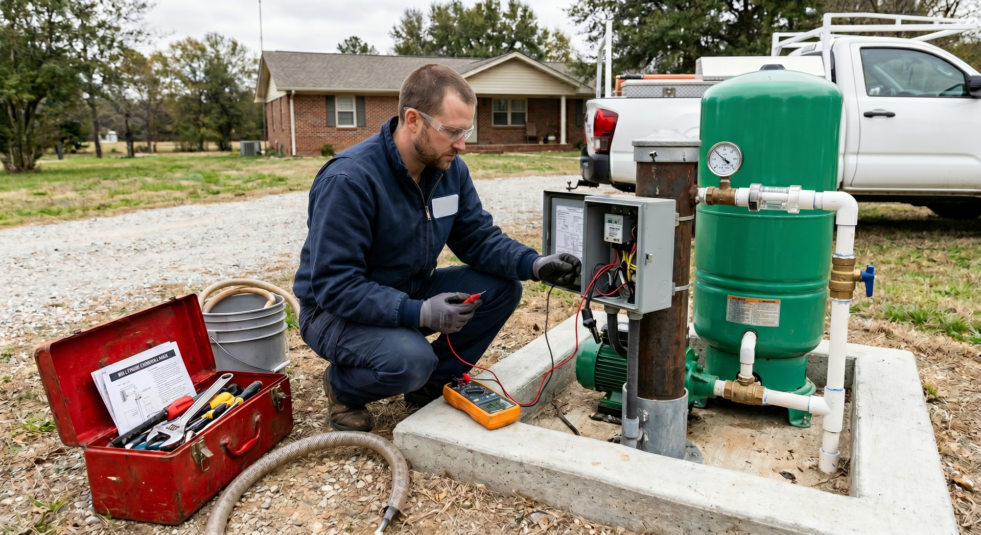 Technician kneeling by green water tank and pump equipment beside a pickup truck in a yard