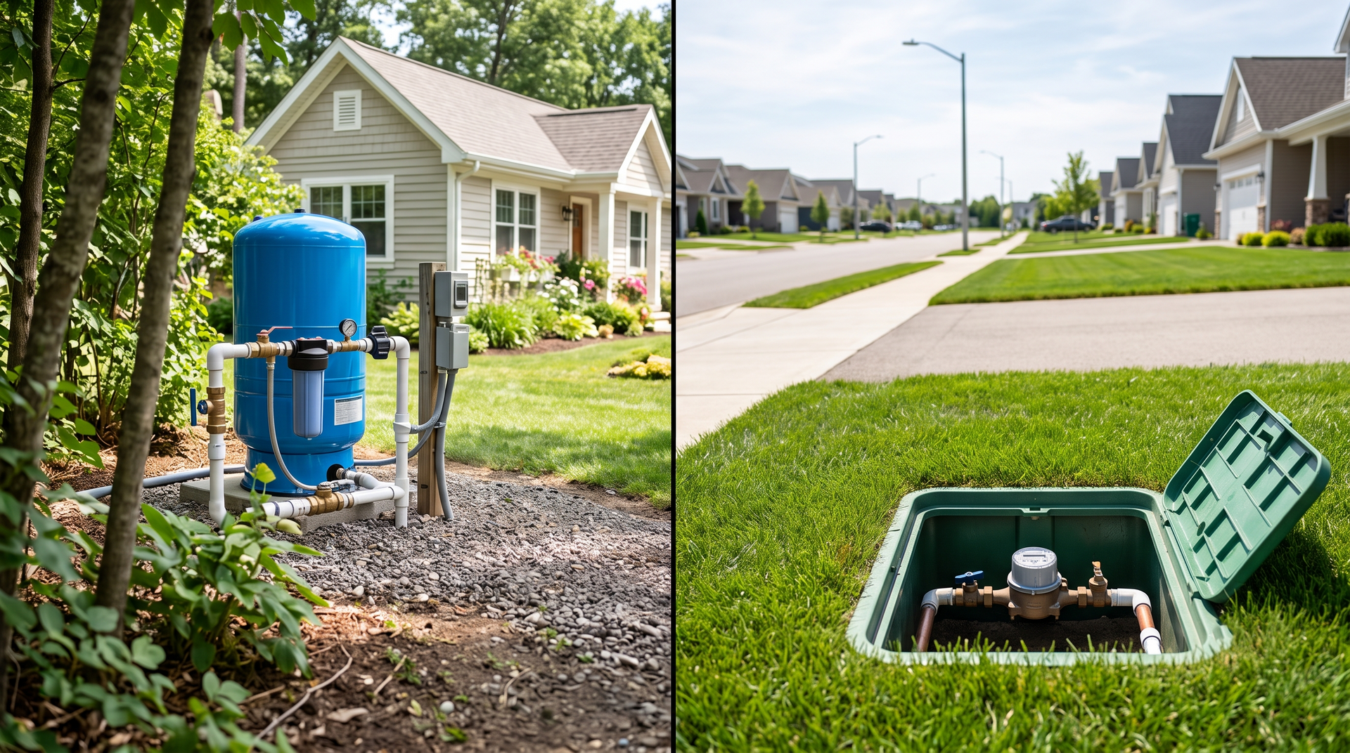Blue water meter box in suburban lawn beside house and sidewalk, shown closed and open with meter inside