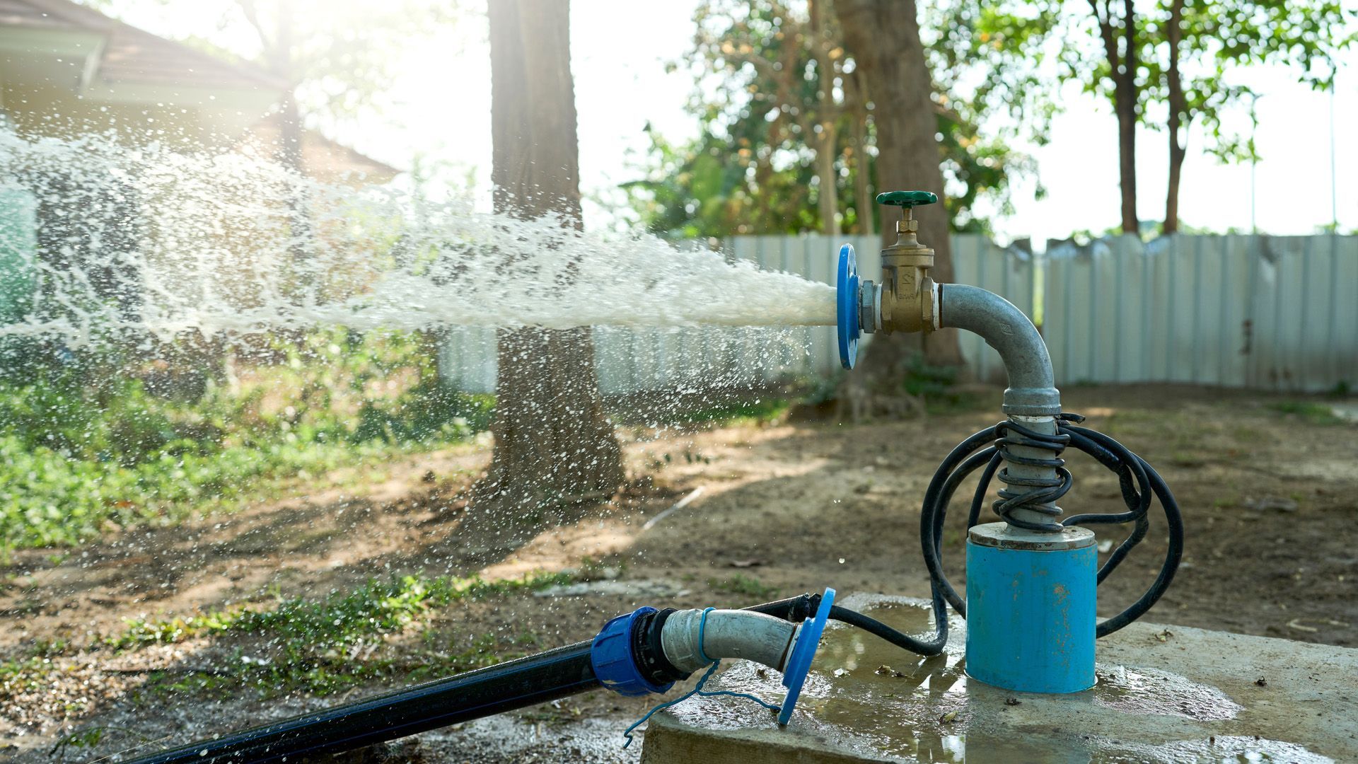 Blue irrigation pump spraying water from a hose in a sunny yard with trees and a fence