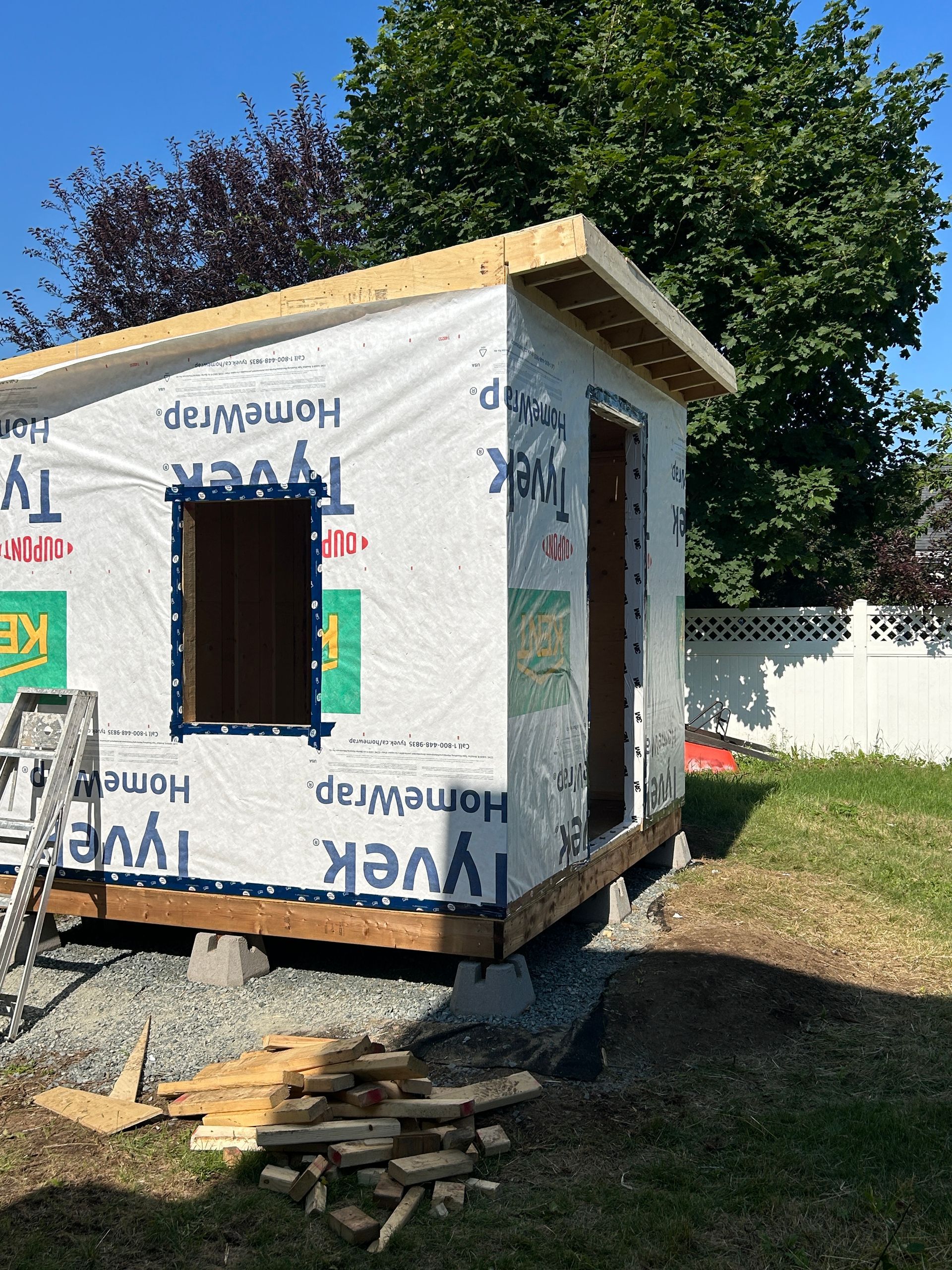 Small unfinished wooden shed under construction, wrapped in house insulation, with ladder and lumber nearby.