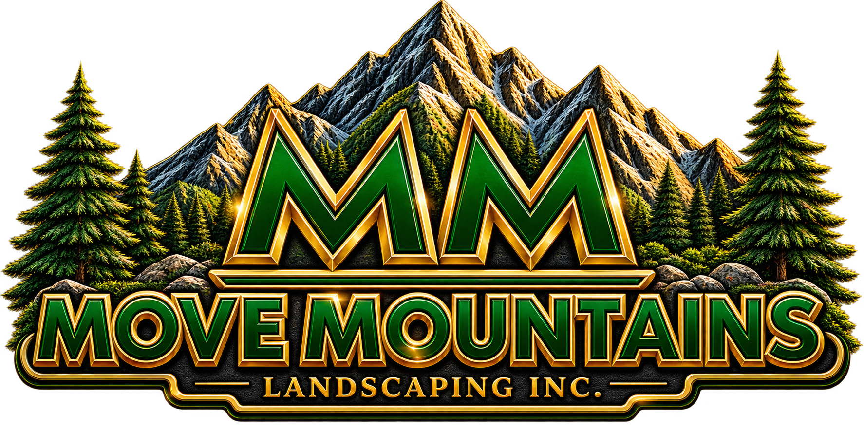 Move Mountains Landscaping Inc. logo featuring green and gold mountains and evergreen trees, Halifax landscaping and hardscaping company specializing in paver patios, concrete, walkways and retaining walls.