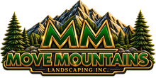 Move Mountains Landscaping Inc. logo featuring green and gold mountains and evergreen trees, Halifax landscaping and hardscaping company specializing in paver patios, concrete, walkways and retaining walls.