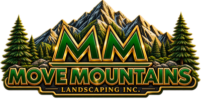 Move Mountains Landscaping Inc. logo featuring green and gold mountains and evergreen trees, Halifax landscaping and hardscaping company specializing in paver patios, concrete, walkways and retaining walls.