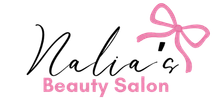 Nalia’s Beauty Salon logo in black and pink with a pink bow