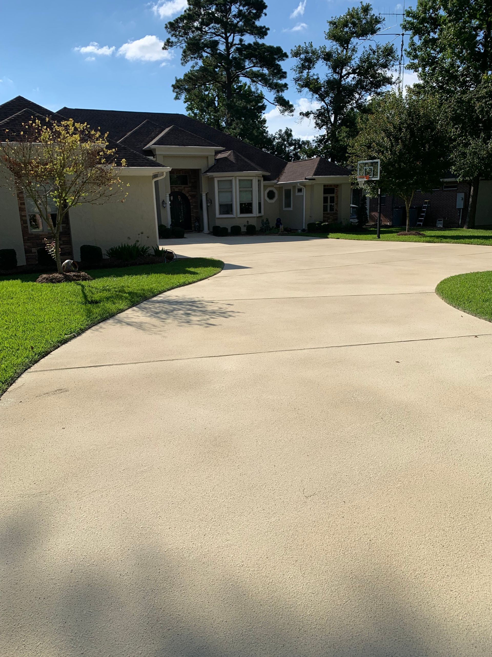 Curved concrete driveway leading to a single-story house with a front porch and trees on a sunny day