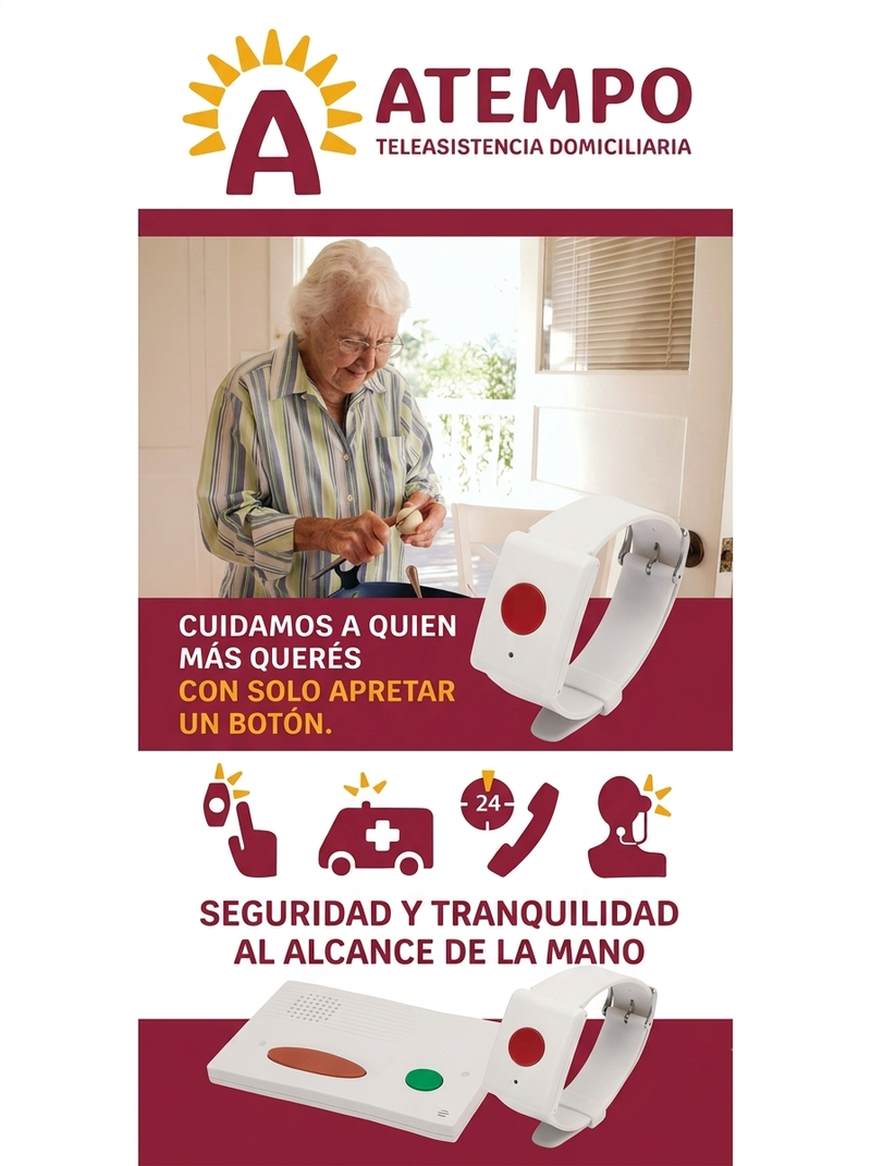 Brochure de Atempo con anciano usando un control remoto y texto sobre seguridad y tranquilidad al alcance de la mano