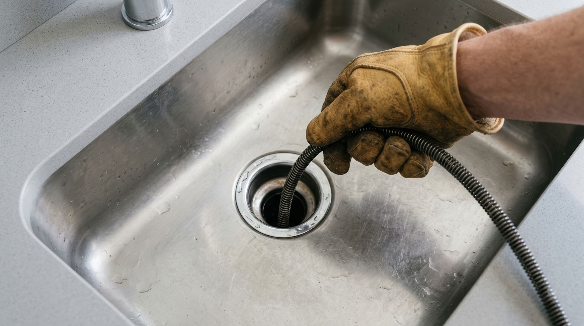 Plumber clearing a clogged kitchen sink drain with a flexible metal auger snake tool for home maintenance.