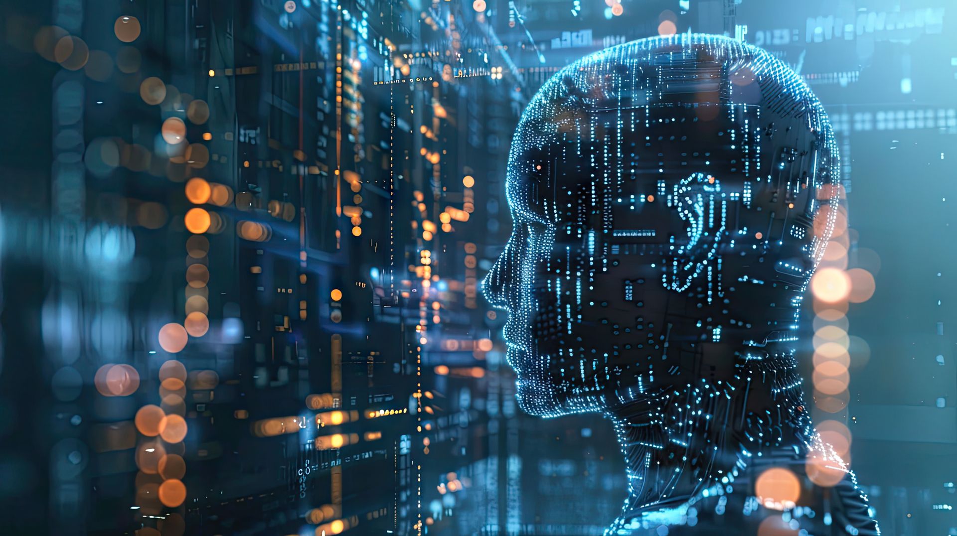 Silhouette of a head made of glowing blue lines, overlaid on digital circuits; orange and blue bokeh.