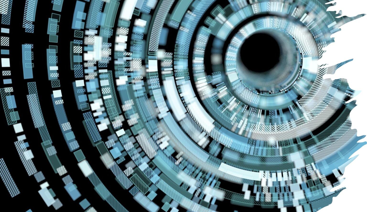 Abstract blue and white digital data tunnel, concentric circles.