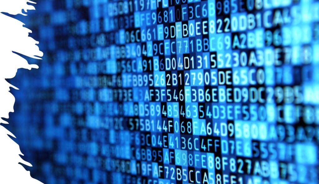 Blue-toned digital code scrolling down a screen, appearing to be encrypted data.