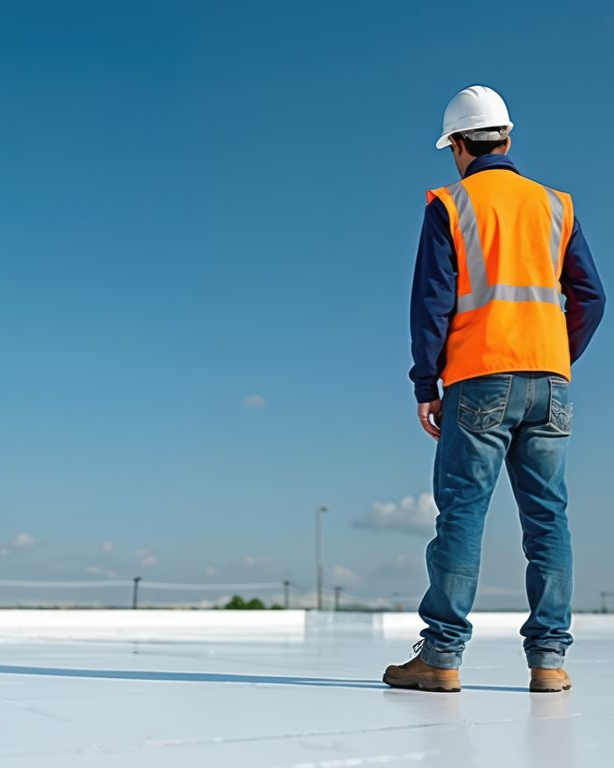 Roofer on a white TPO roof, wearing a hard hat and orange vest, gazing at the clear blue sky.